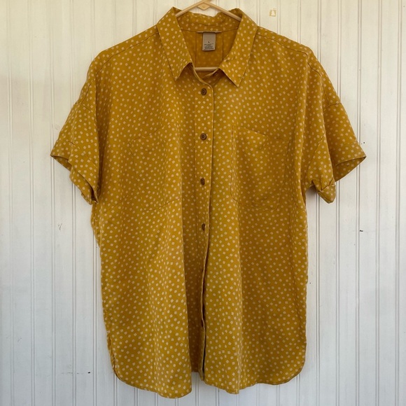 Duluth Trading Company Mustard Yellow Tencel Drop Shoulder Printed Shirt LARGE - Picture 1 of 7